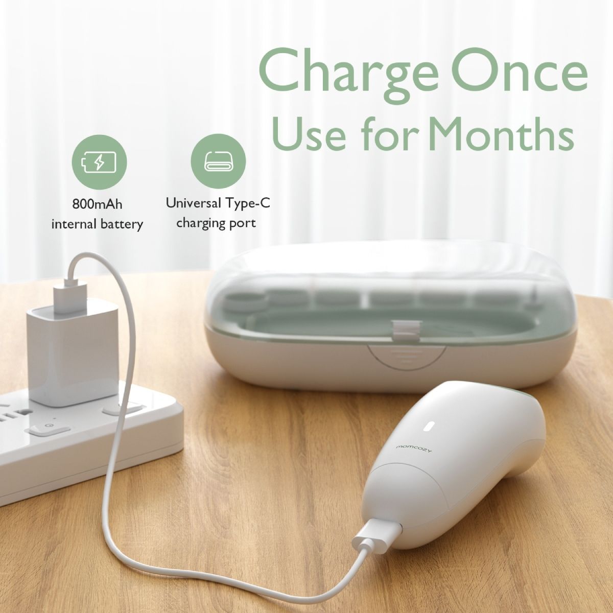 Prodotto in carica. Lima e accessori nel supporto. Caricabatterie e cavo. Testo: Charge Once Use for Months.