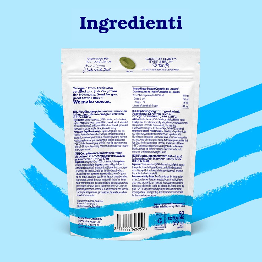 Confezione di integratore alimentare Omega-3 con 90 softgel.