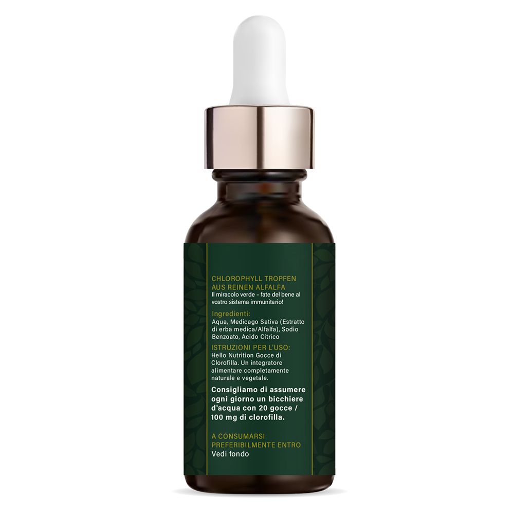 Retro del flacone. Etichetta verde con testo: Chlorophyll Tropfen, ingredienti, uso. Testo in italiano.