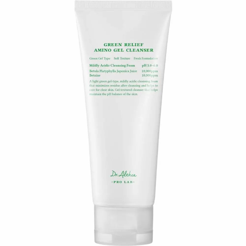 Tubo bianco con stampa verde. Testo: Green Relief Amino Gel Cleanser. Marchio: Dr. Althea. Nome del prodotto e ingredienti.