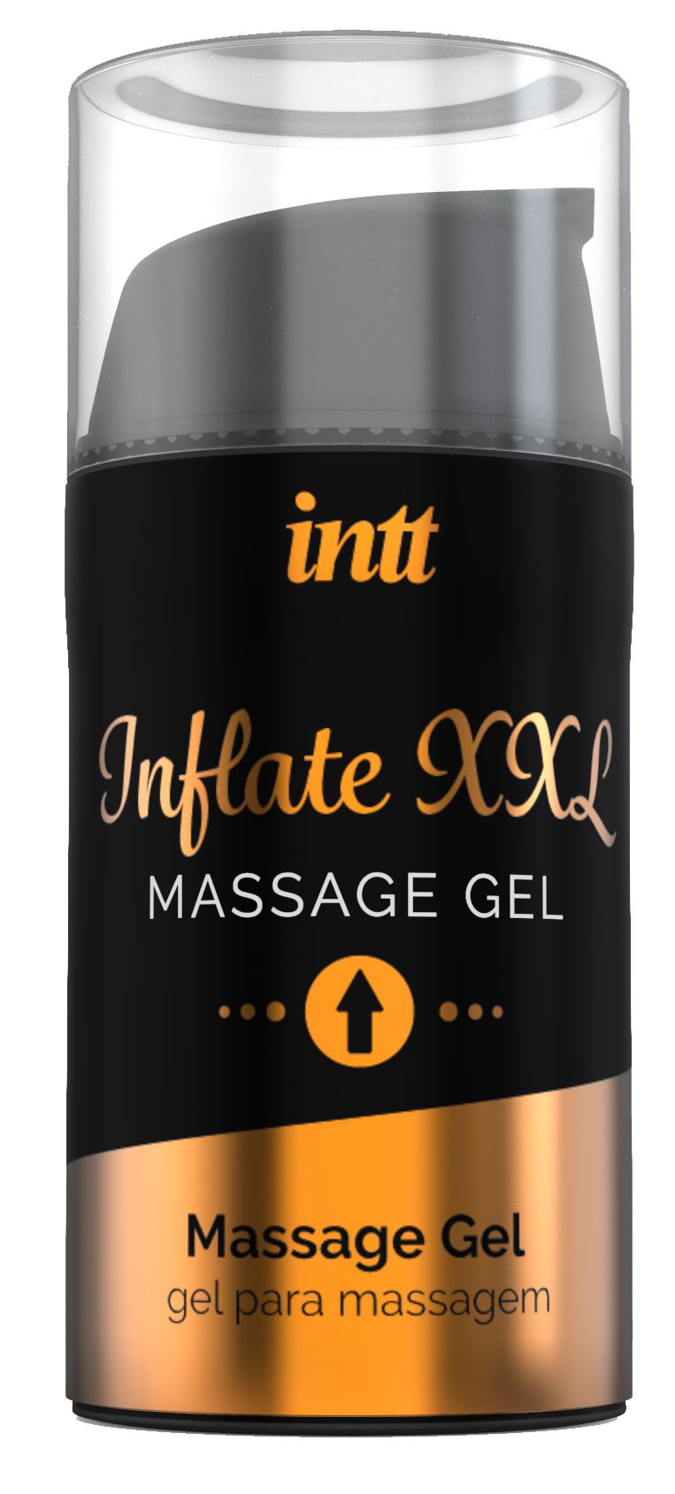 Flacone cilindrico nero con scritta dorata: INTT Inflate XXL Massage Gel. Tappo trasparente. Base dorata.