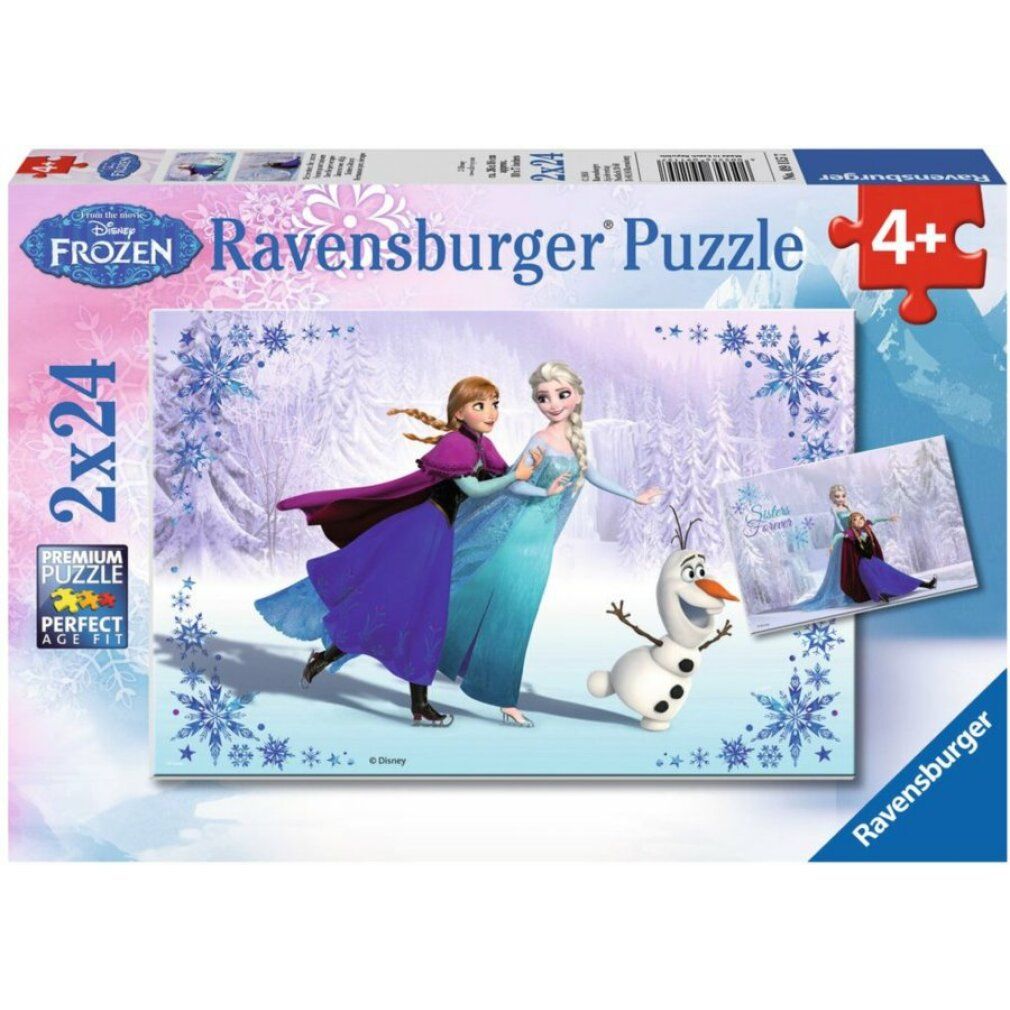 Scatola puzzle con Elsa, Anna e Olaf. Logo Ravensburger e 2x24 pezzi. Consigliato dai 4 anni in su. Premium Puzzle.
