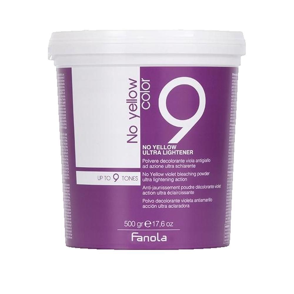 Fanola No Yellow Color Ultra Lightener 9. Barattolo di polvere decolorante viola.