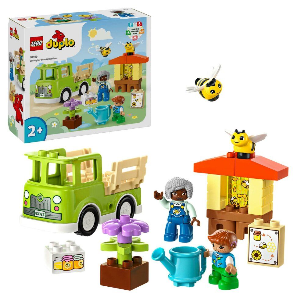 Set LEGO DUPLO con camion, personaggi, alveare, fiori, annaffiatoio e api. Età: 2+. Pezzi separati.