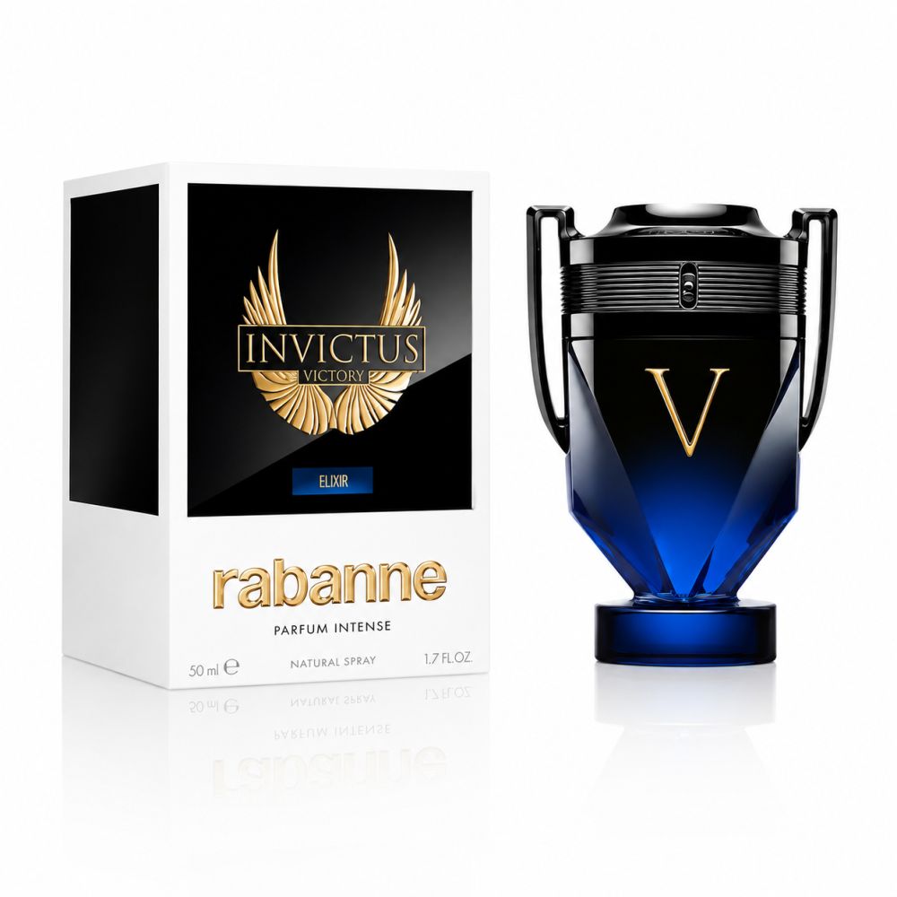 Flacone di profumo e confezione con ali dorate e 'V'.