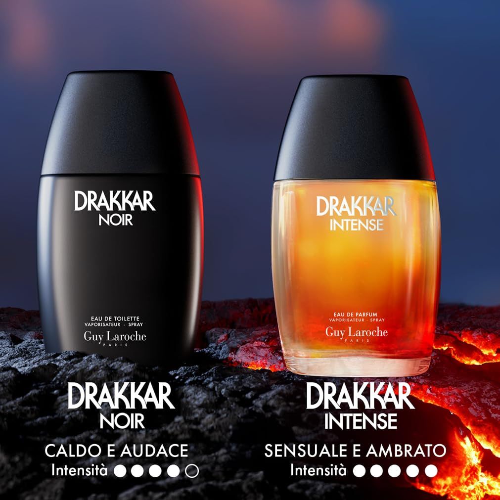 Due flaconi: "Drakkar Noir" e "Drakkar Intense". Testo: "Caldo e audace" e "Sensuale e ambrato".