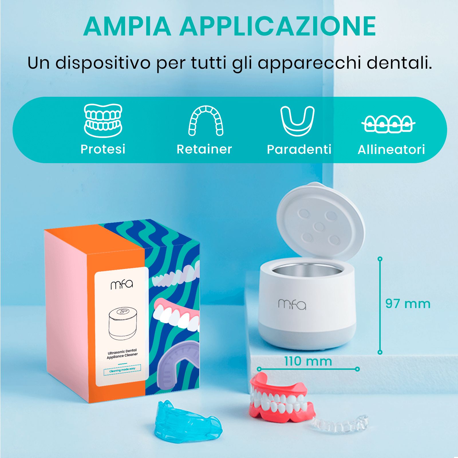 Pulitore a ultrasuoni con accessori: protesi, retainer, paradenti, allineatori. Dimensioni: 110x97 mm.