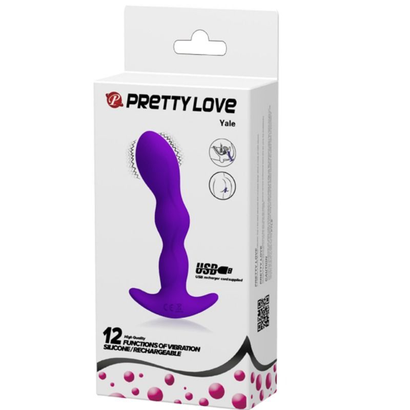 Confezione con plug anale viola. Marchio Pretty Love. 12 funzioni di vibrazione, USB.