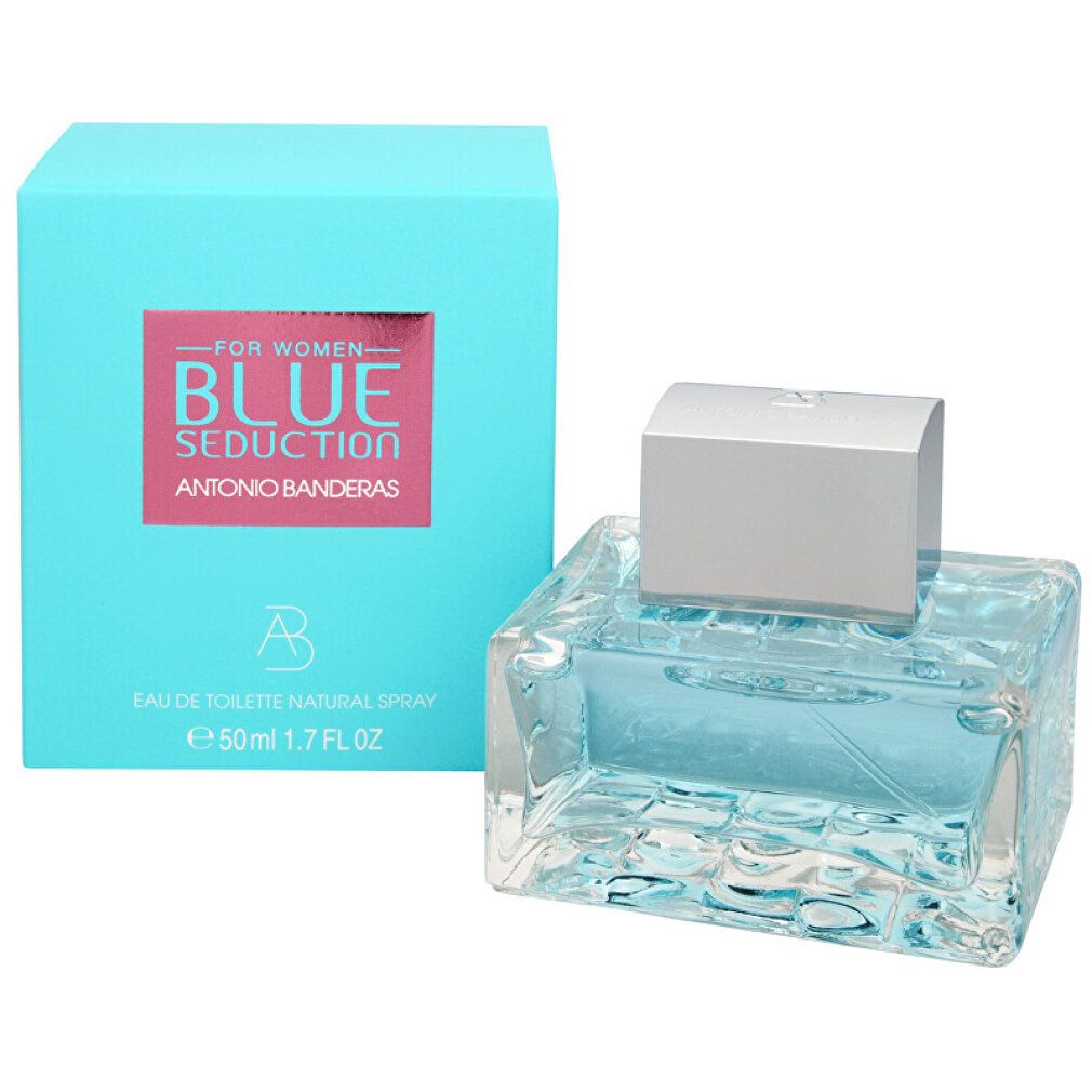 Flacone di profumo quadrato blu chiaro con tappo argentato. Scatola azzurra con etichetta rosa.