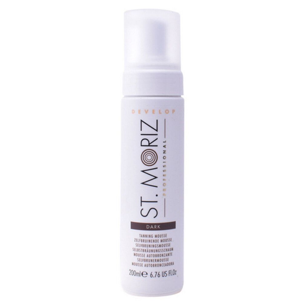 Flacone bianco con erogatore a spruzzo. Scritta: St. Moriz Professional, Dark Tanning Mousse. Volume: 200ml.