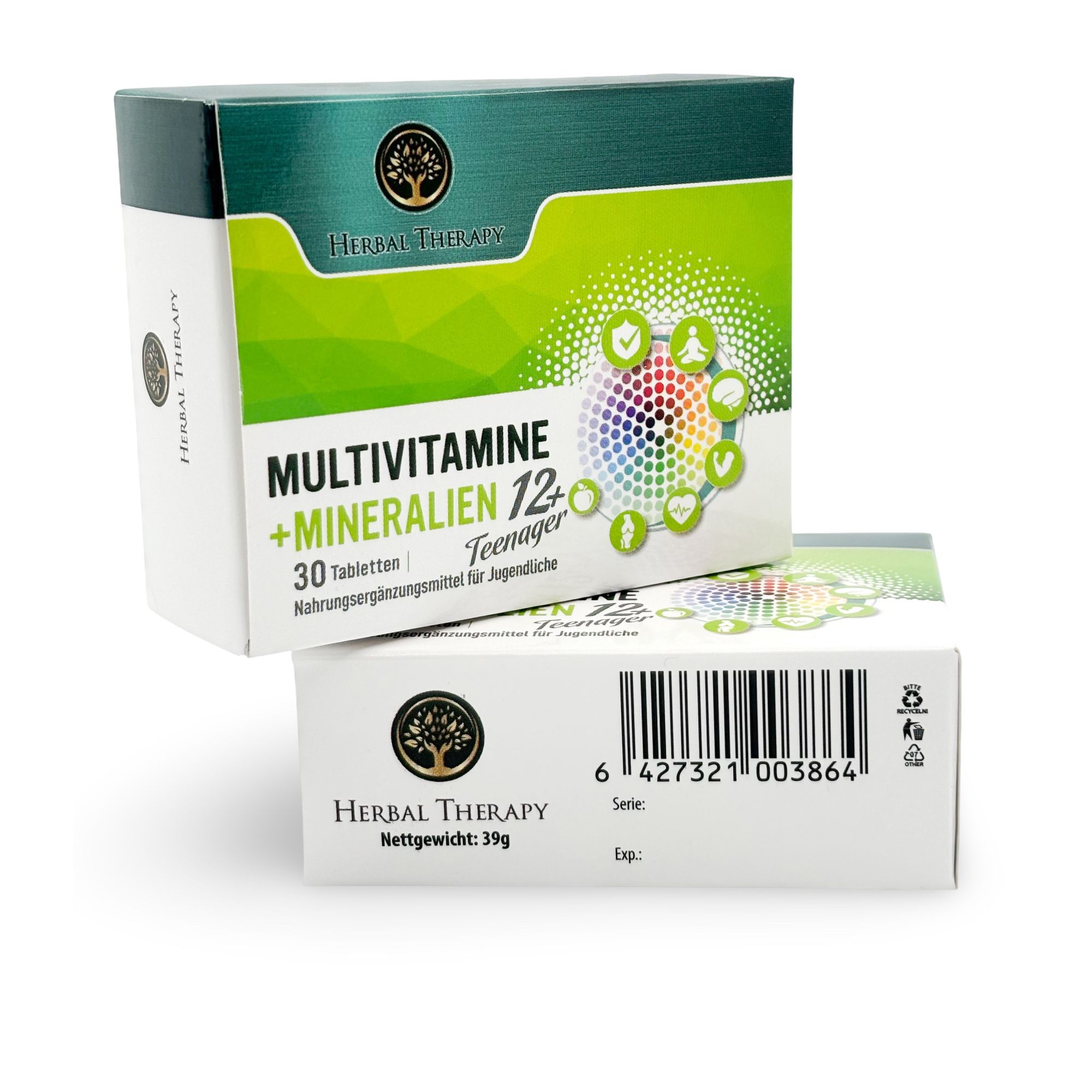 Due scatole Herbal Therapy Multivitamine + Minerali 12+ Teenager. Scritta: Multivitamine + Minerali 12+. 30 compresse.