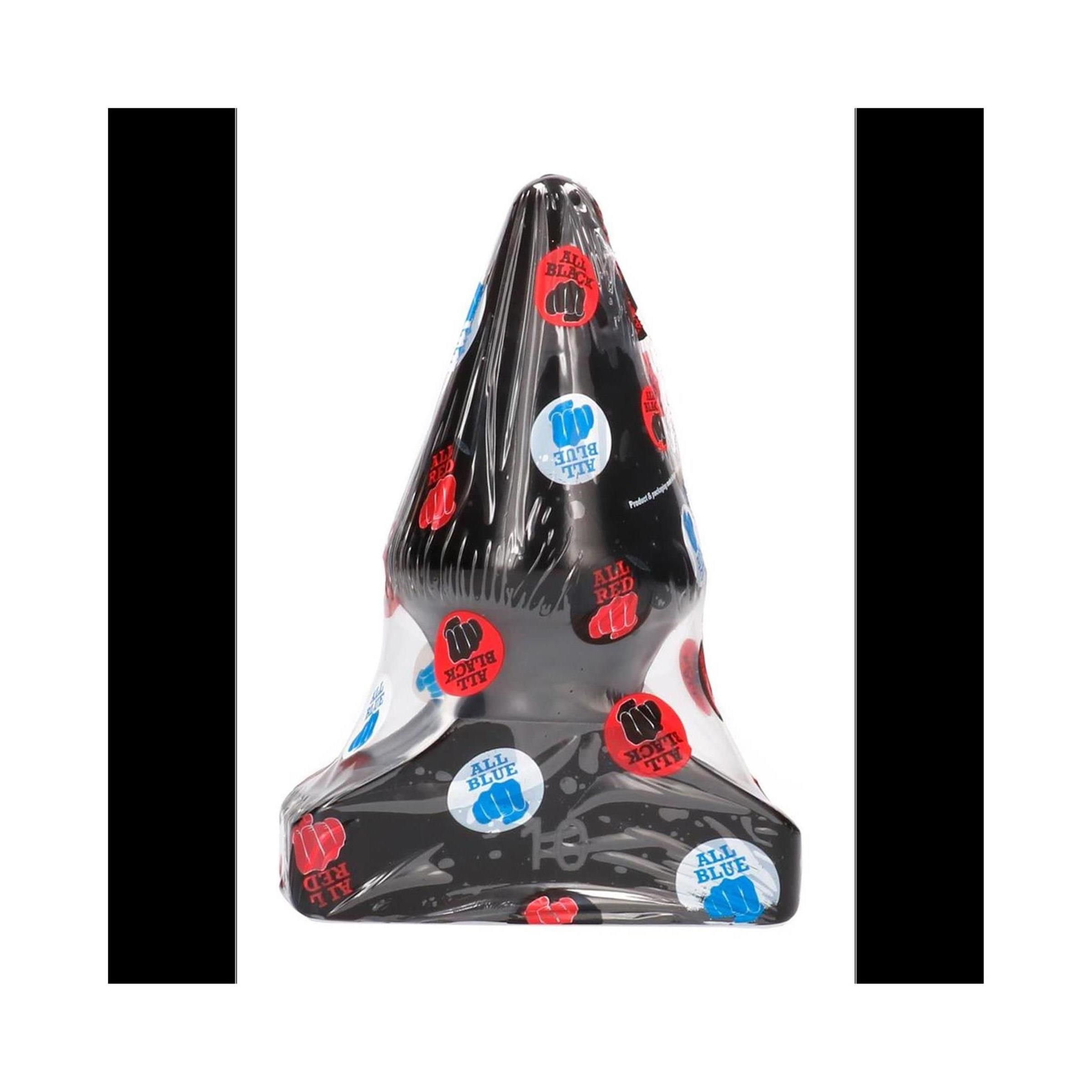 Plug anale nero, confezionato. Adesivi "ALL BLUE" e pugno. Cono nero a base larga.