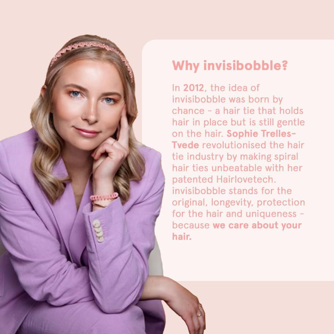 Donna con fascia per capelli. Testo: Why invisibobble? Sul marchio e la sua storia.