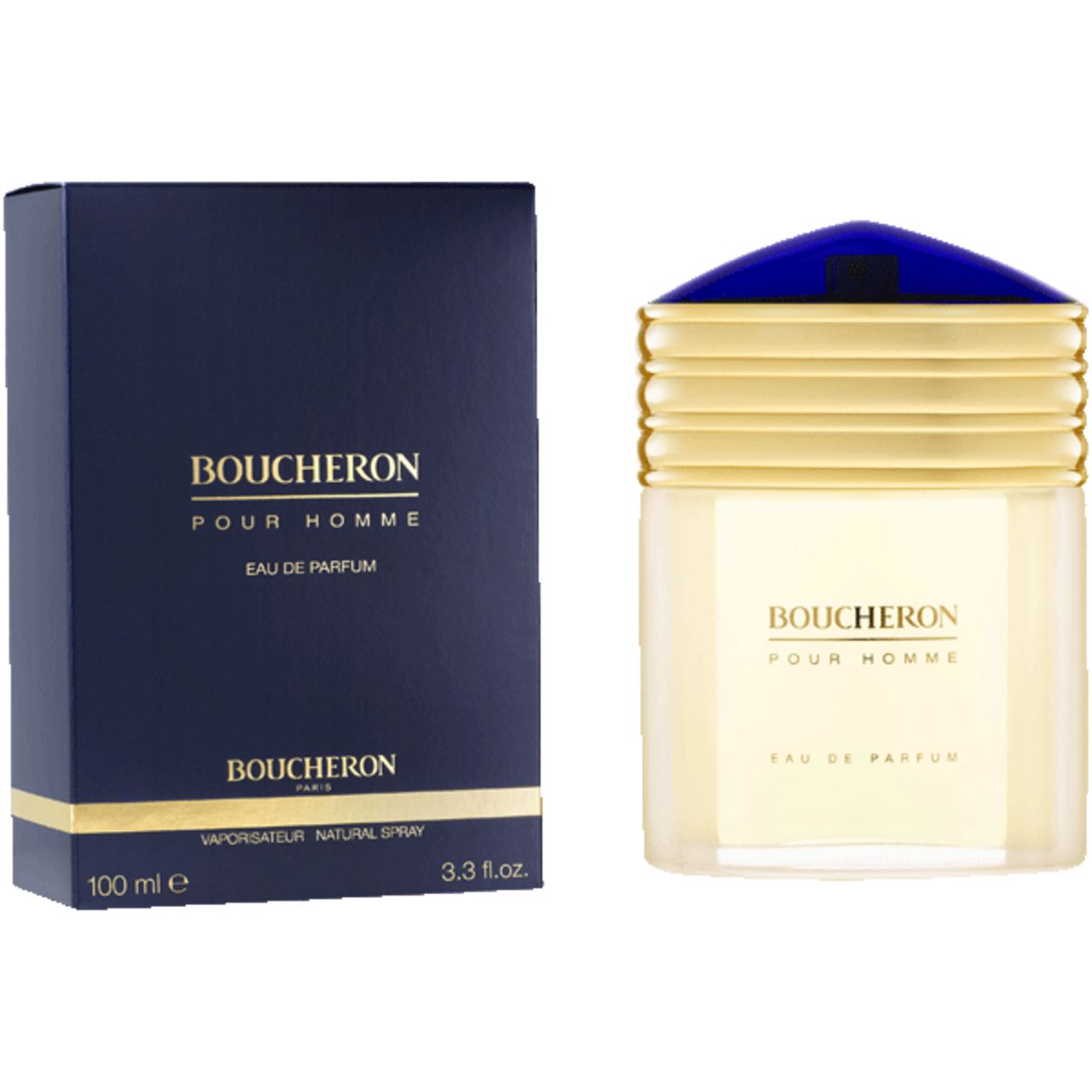 Scatola e flacone blu scuro. Flacone con tappo dorato e cappuccio blu. Scritta: Boucheron Pour Homme Eau de Parfum.