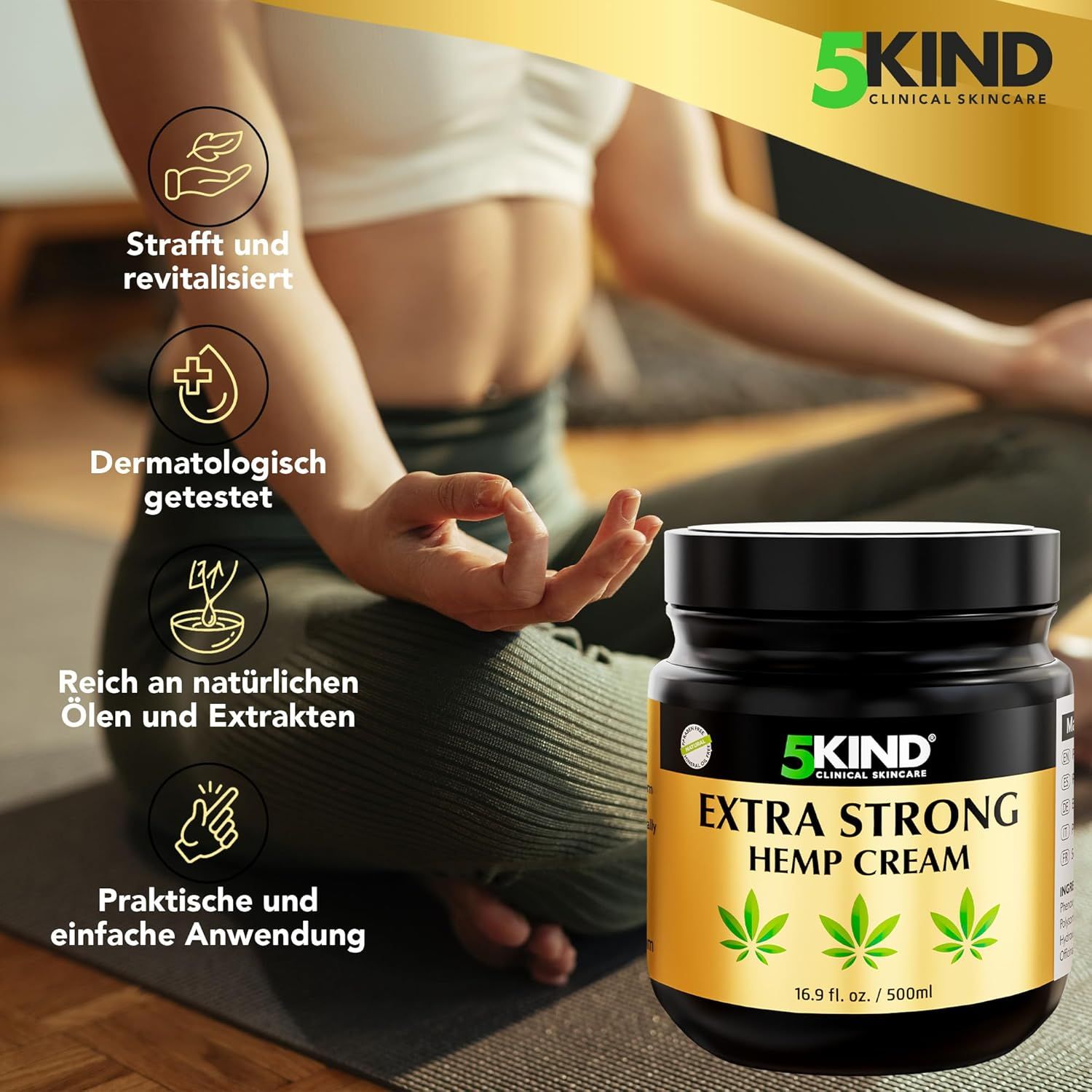 Vaso nero con etichetta dorata. Scritta: EXTRA STRONG HEMP CREAM. Tre foglie di cannabis. 16,9 fl. oz. / 500 ml. Testo: Rassoda e rivitalizza. Dermatologicamente testato.