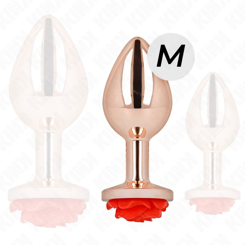 Plug anale oro rosa, taglia M, con applicazione di rosa rossa. Tre viste.