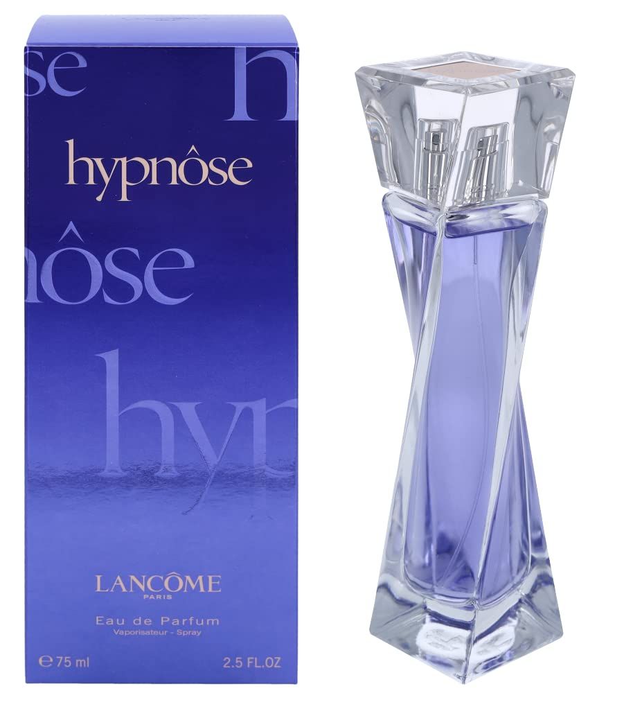 Flacone e confezione Lancôme Hypnôse. Flacone in vetro, forma a spirale. Confezione blu con scritta.
