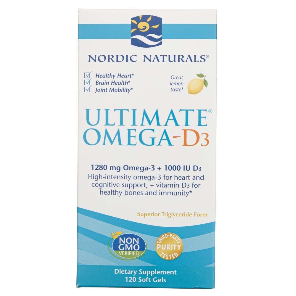 Fronte della confezione Nordic Naturals Ultimate Omega-D3 con certificazioni.