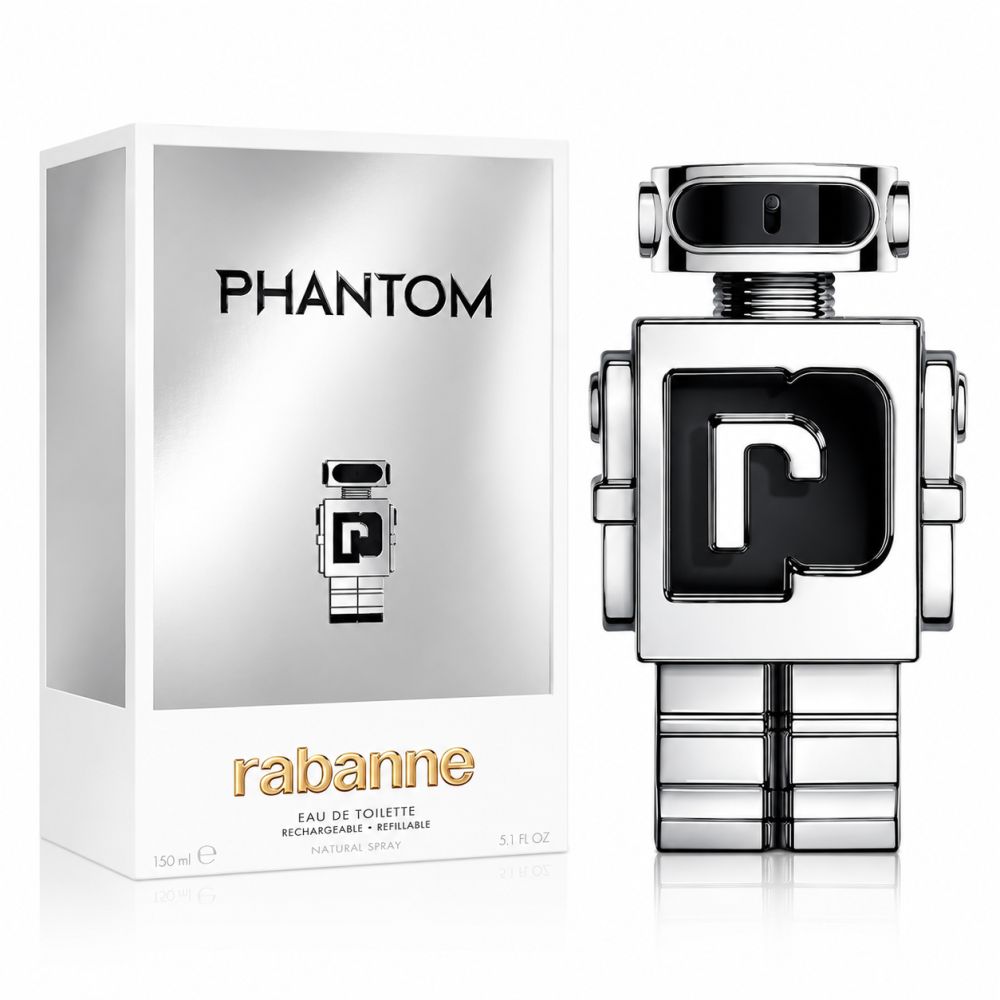 Flacone di profumo a forma di robot argentato con logo 'r' nero, accanto alla sua scatola argentata con la scritta 'PHANTOM'.