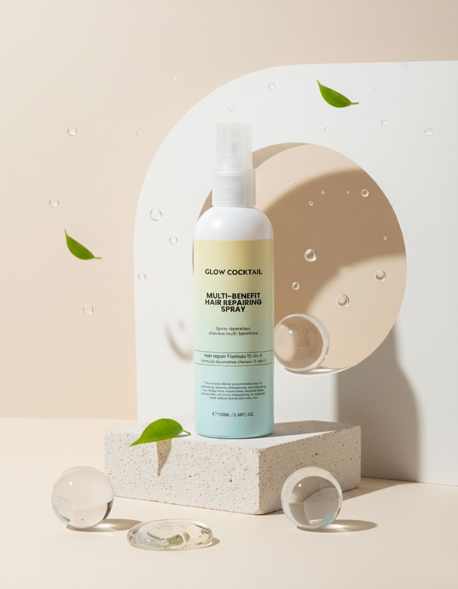 Spray riparatore multi-beneficio Glow Cocktail su un piedistallo di pietra, circondato da sfere di vetro e foglie.