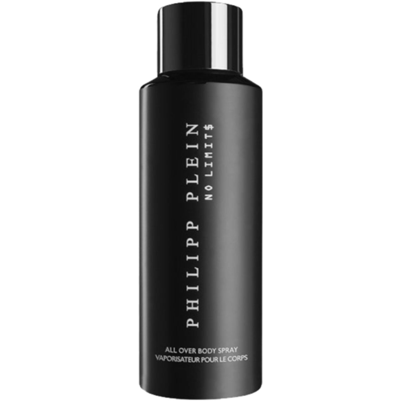 Flacone nero con scritta: PHILIPP PLEIN NO LIMIT$. All Over Body Spray.