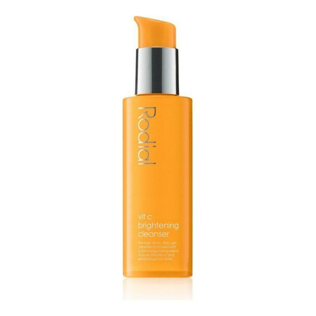 Flacone arancione con erogatore argentato. Scritta: Rodial, Vit C brightening cleanser.