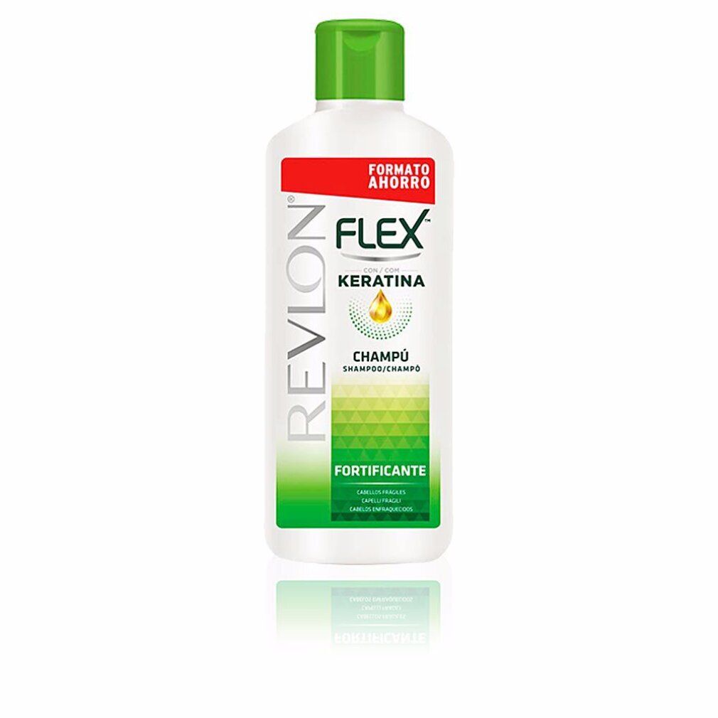 Flacone bianco con tappo verde. Scritta: Revlon Flex Keratina Champú Fortificante. Formato Risparmio.