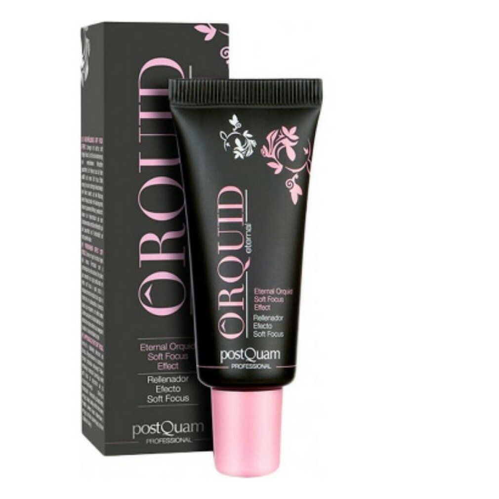 Tubo e scatola di crema contorno occhi. Nero con scritte rosa. Marchio: ORQUID eternal, Postquam. Nome prodotto in inglese e spagnolo.