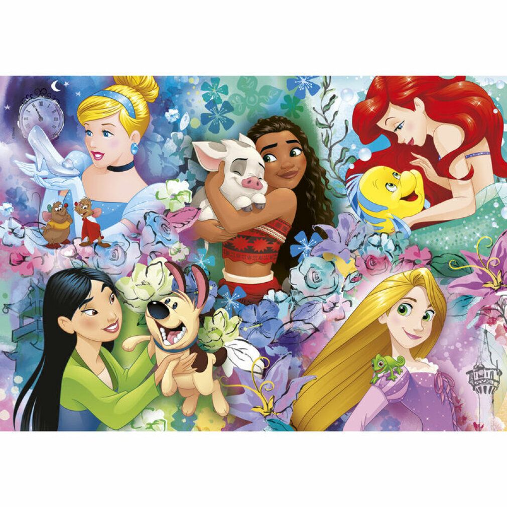Puzzle con Principesse Disney, 60 pezzi. Illustrazioni di Cenerentola, Mulan, Moana, Ariel, Rapunzel. Sfondo floreale.