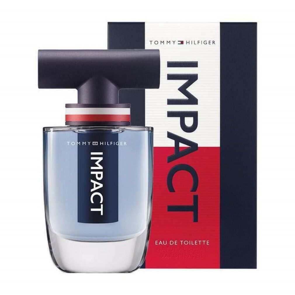 Flacone in vetro con liquido blu e tappo nero. Accanto, la confezione con scritta IMPACT e Tommy Hilfiger.