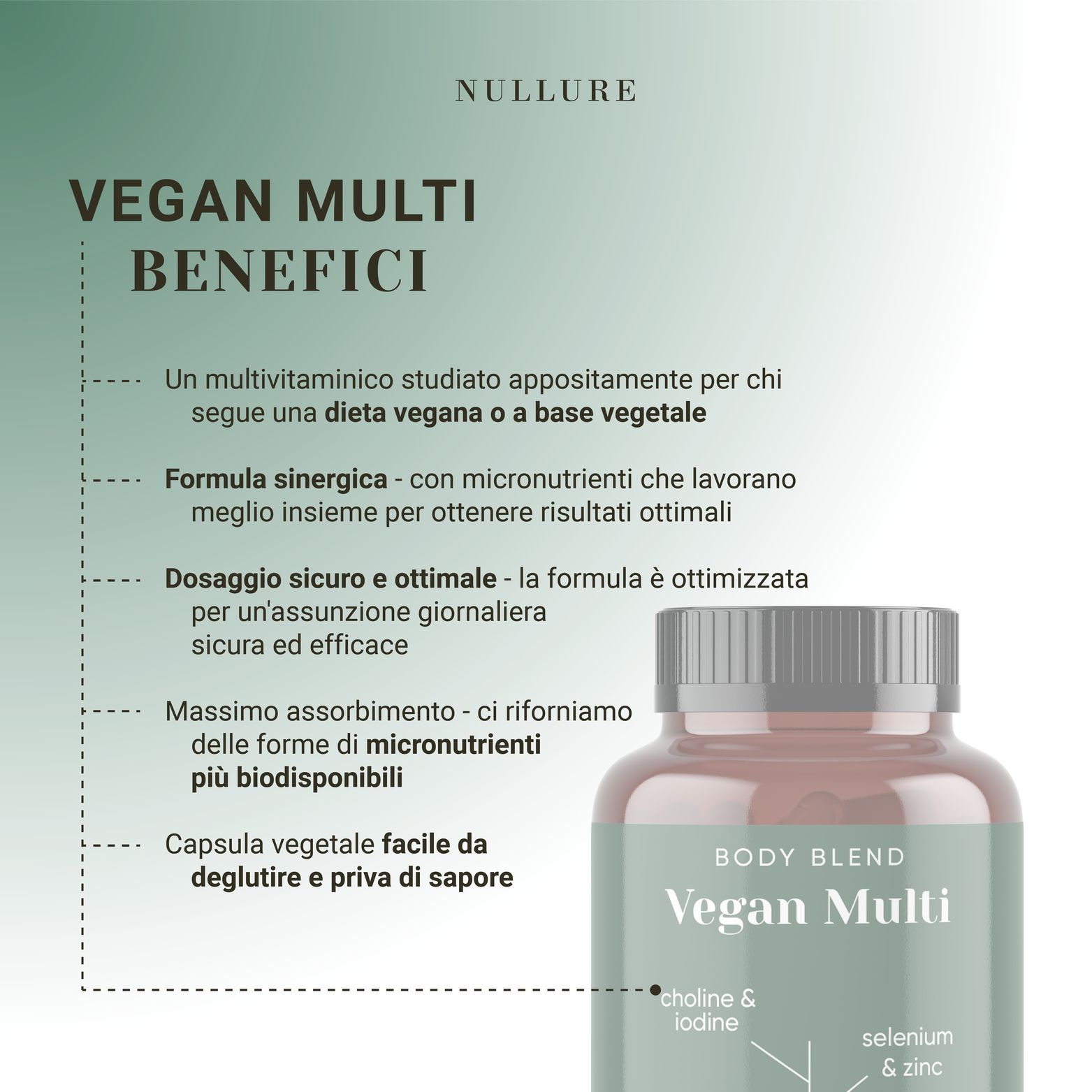 Flacone marrone con scritta verde "Vegan Multi". Contiene capsule. Testo: Vantaggi, formula sinergica, dosaggio sicuro.