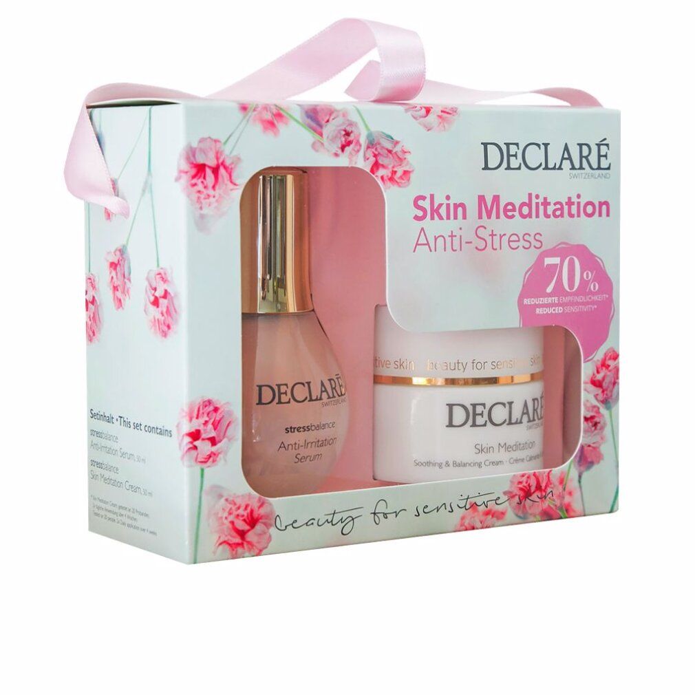 Confezione regalo DECLARÉ Skin Meditation Anti-Stress con siero e crema. Confezione floreale con nastro rosa.