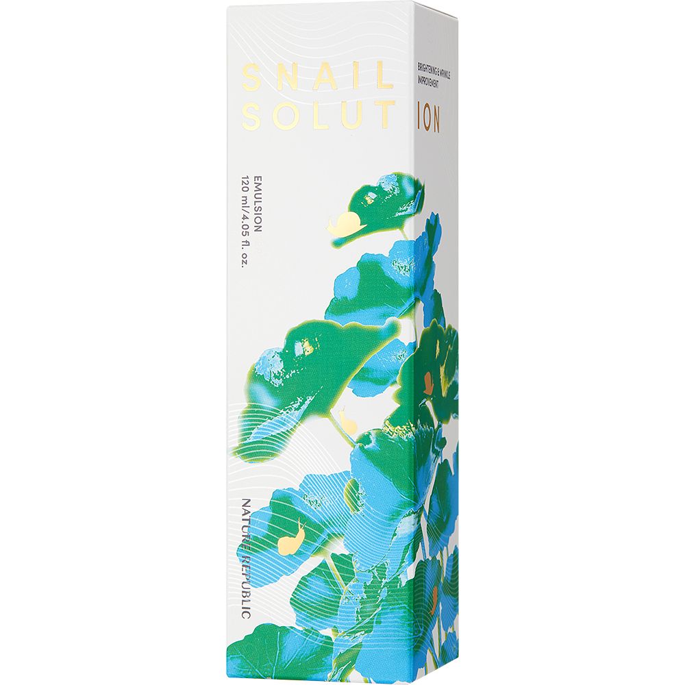 Confezione con motivo floreale. Scritta: Snail Solution, Emulsion, 120 ml, Nature Republic.