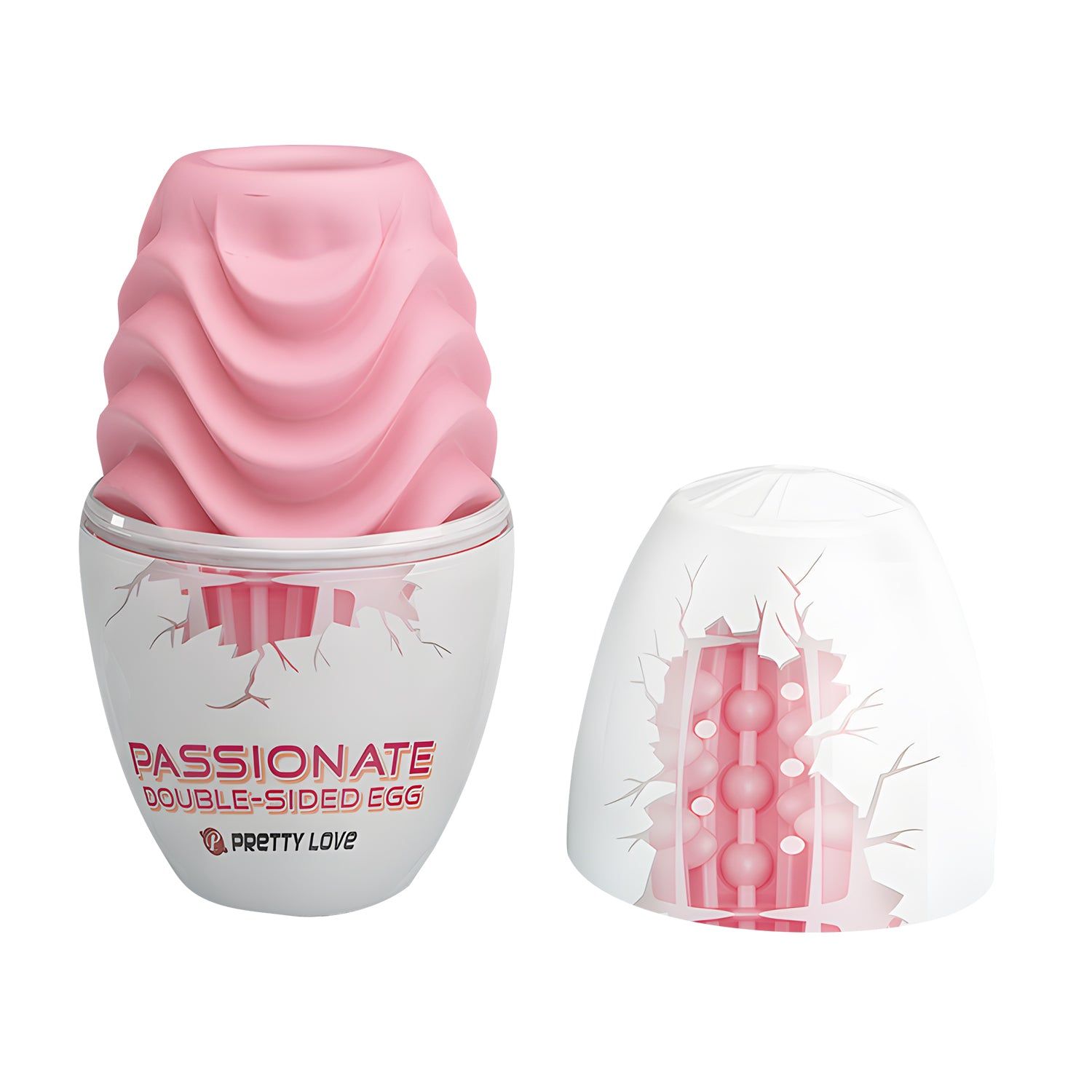 Uovo masturbatore rosa, a doppia faccia, con confezione bianca. Scritta: PASSIONATE DOUBLE-SIDED EGG.