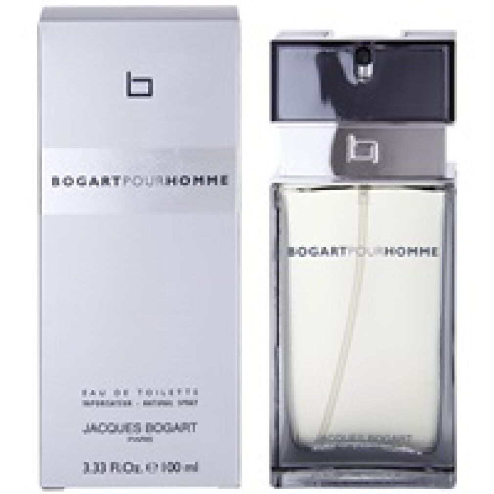 Flacone e confezione. Scritte: BOGARTPOURHOMME, JACQUES BOGART. Confezione bianca con logo e testo.