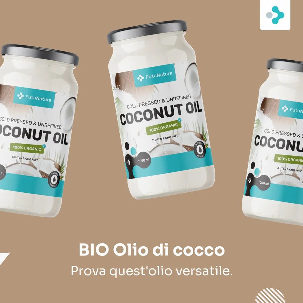 Tre barattoli di olio di cocco. Scritta: Cold Pressed & Unrefined Coconut Oil, 100% Organic, Gluten & GMO Free.