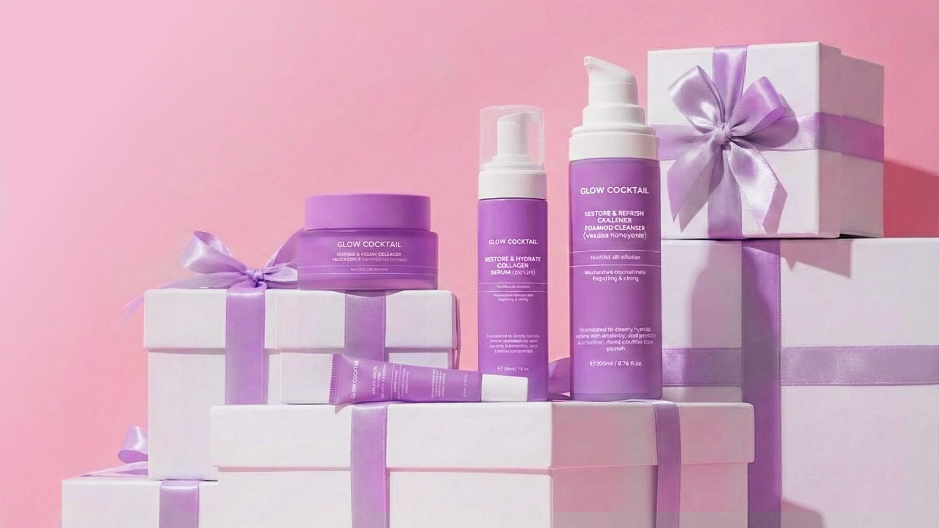 Set per la cura della pelle Glow Cocktail su confezioni regalo. Il set include detergente schiumogeno, siero, crema per gli occhi e idratante. Fiocchi viola.