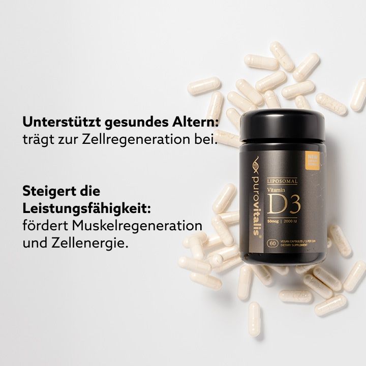 Flacone nero con capsule. Scritta: Liposomiale Vitamina D3. Testo: Supporta l'invecchiamento sano. Aumenta le prestazioni.