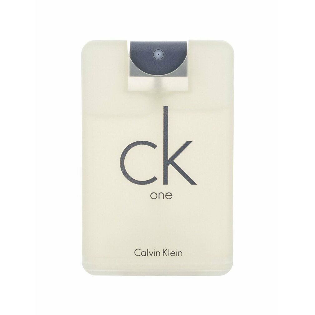 Flacone rettangolare con vaporizzatore. Scritta "ck one" e "Calvin Klein".
