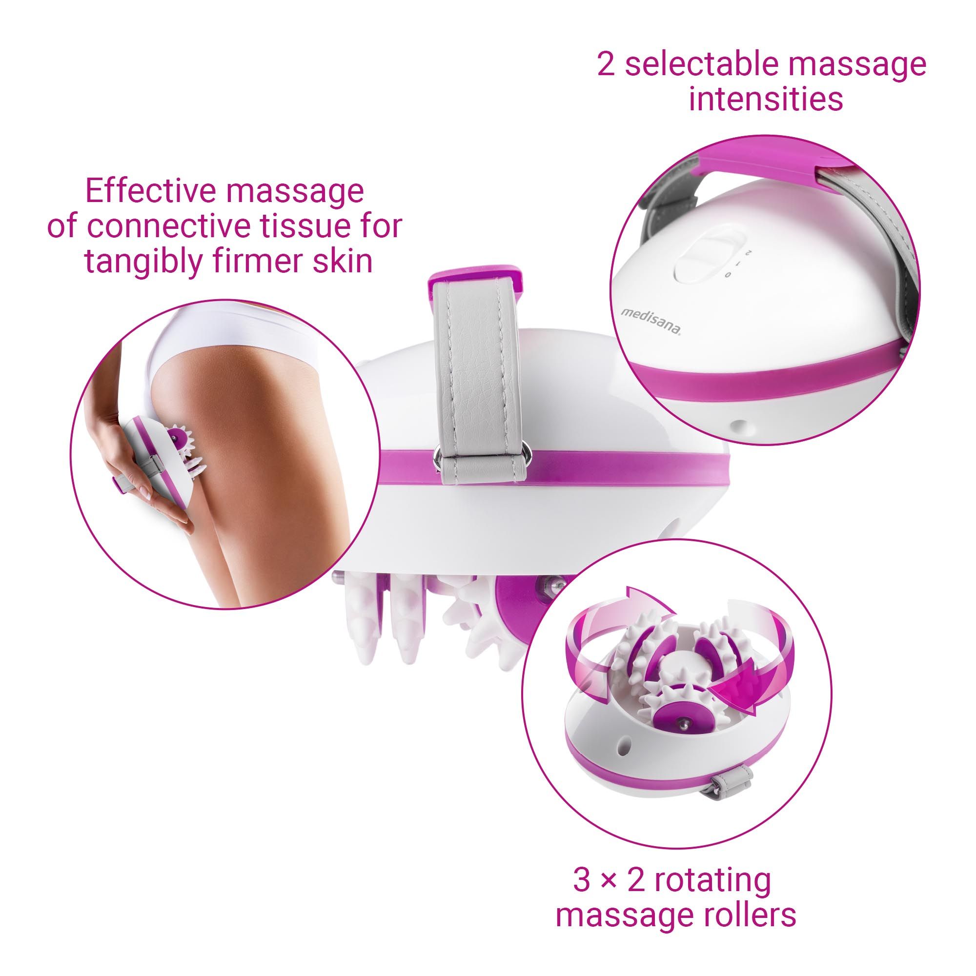 Massaggiatore con corpo bianco, dettagli rosa. Cinturino grigio. Testo: 2 selectable massage intensities, 3x2 rotating...