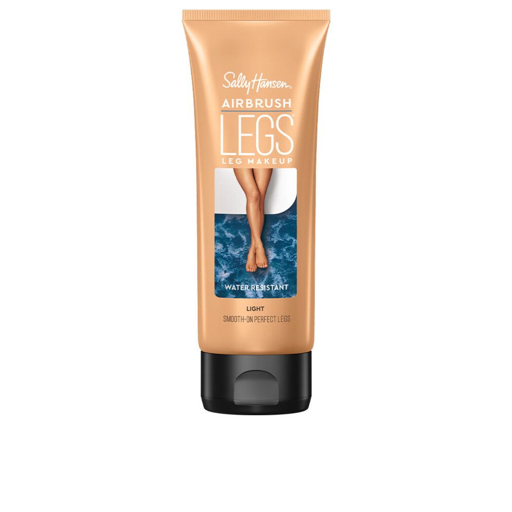 Tubo beige con tappo nero. Scritta: Airbrush Legs, Sally Hansen. Denominazione: Light. Illustrazione: gambe.
