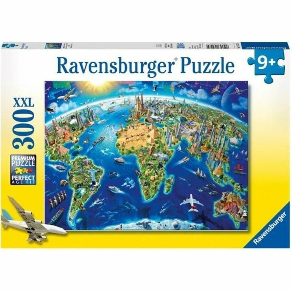 Ravensburger Puzzle, Mappa delle viste del mondo XXL 300 pezzi. Confezione con motivo puzzle, età consigliata 9+. Modello di aereo.