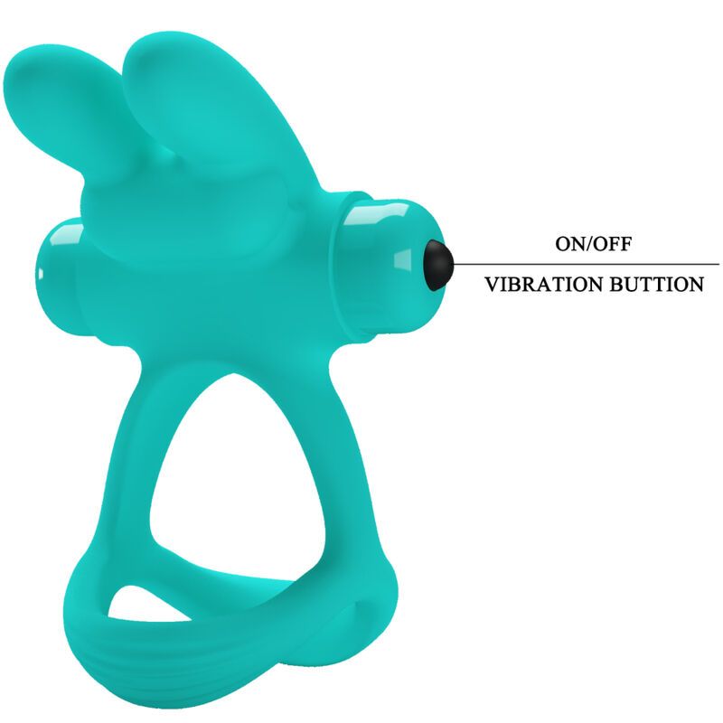 Vibratore turchese con orecchie di coniglio e anello. Mostra la scritta 'ON/OFF VIBRATION BUTTON'.