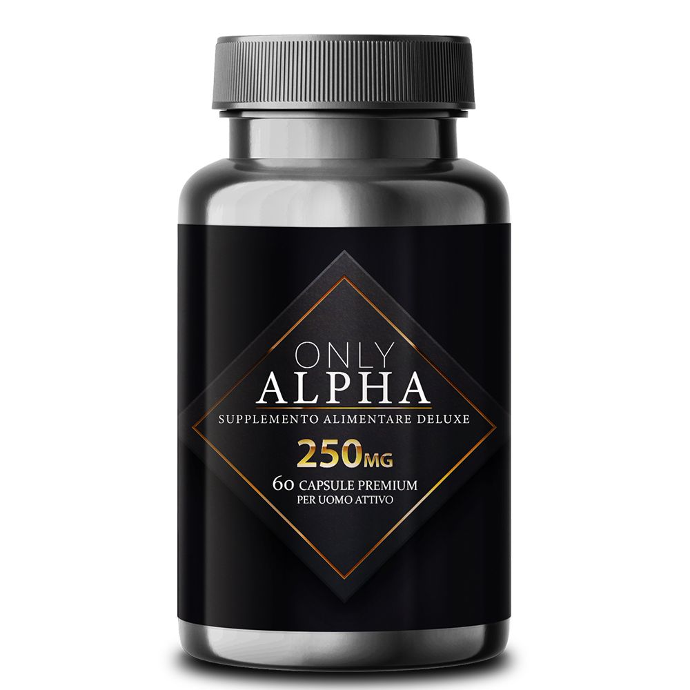 Flacone nero con tappo marrone. Scritta: ONLY ALPHA, 250mg, 60 capsule. Per uomo attivo.