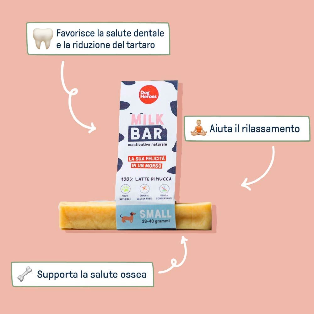 Milk Bar con confezione. Testo: Milk Bar, 100% latte, Small. Frecce indicano benefici: salute dentale, ossea, relax.