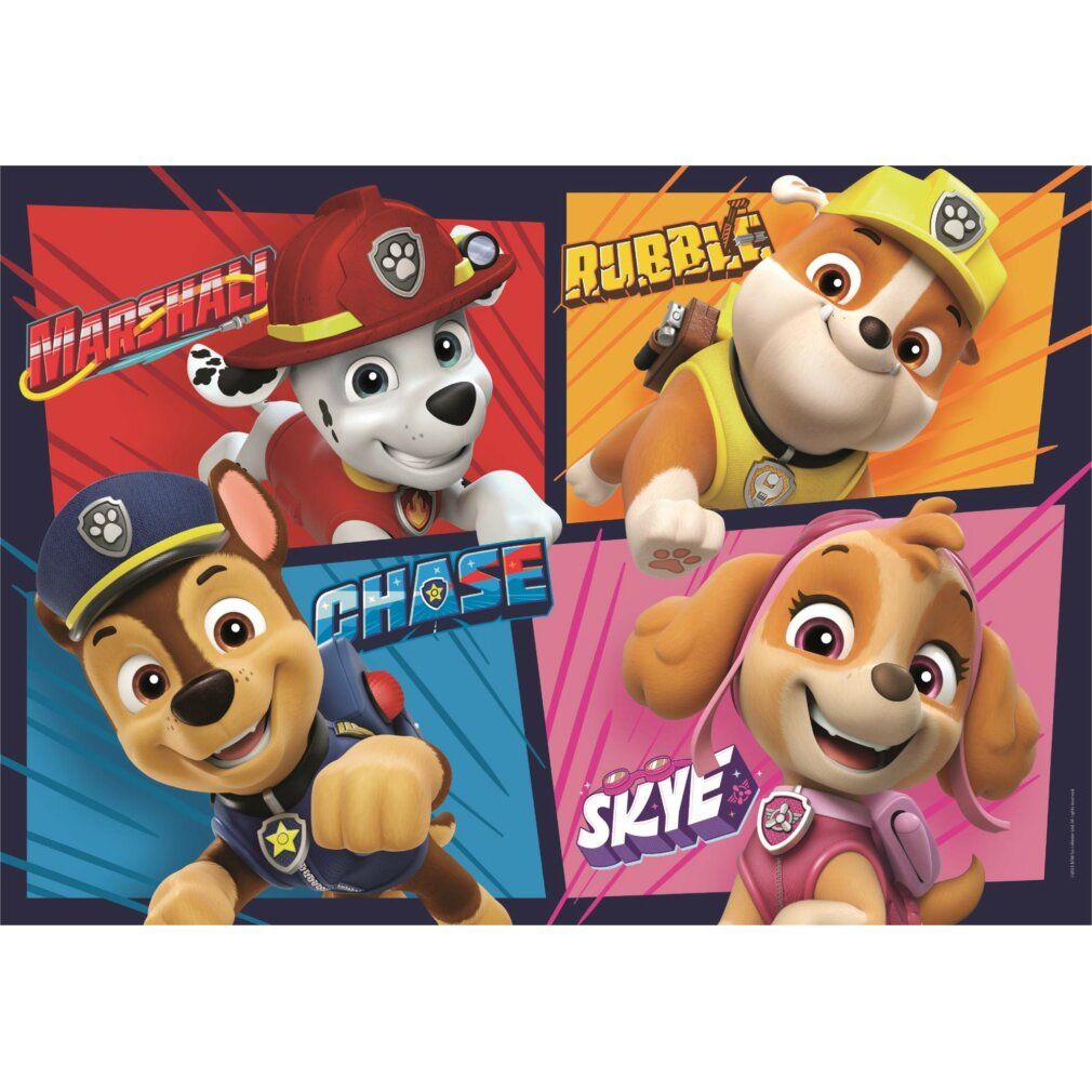 Puzzle Clementoni, 24 pezzi, Paw Patrol. Il puzzle mostra Marshall, Chase, Rubble e Skye. Sfondo rosso, blu e rosa.