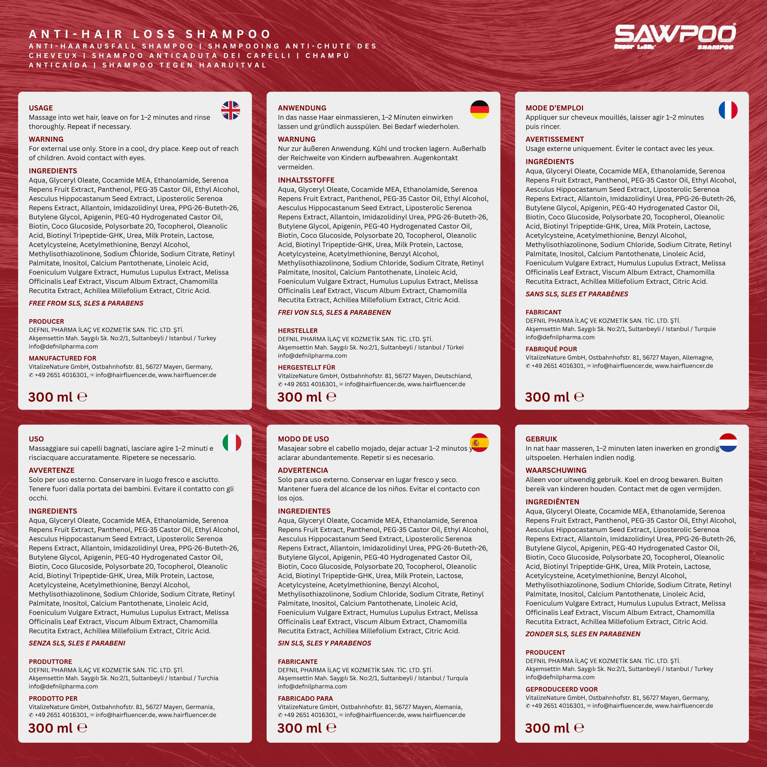 Confezione del prodotto con testo in più lingue. Shampoo anticaduta SAWPOO. Uso, ingredienti, produttore.