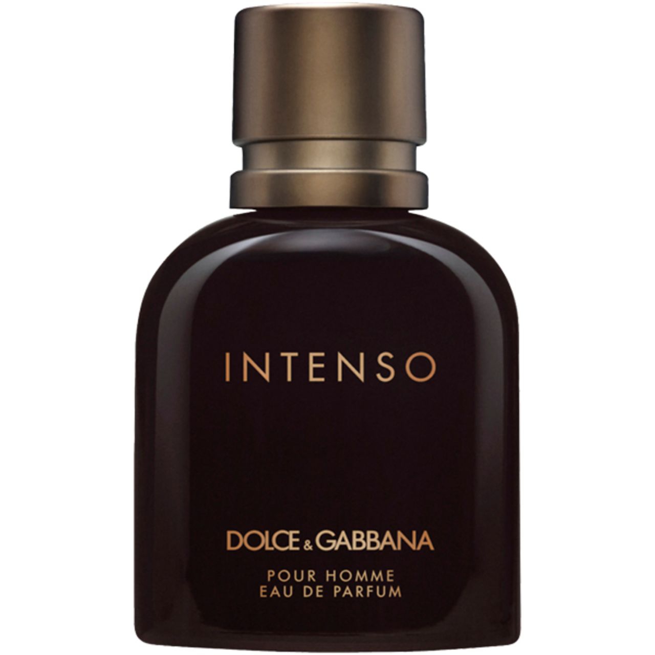 Flacone marrone scuro con tappo dorato. Scritta INTENSO, Dolce & Gabbana, Pour Homme Eau de Parfum.
