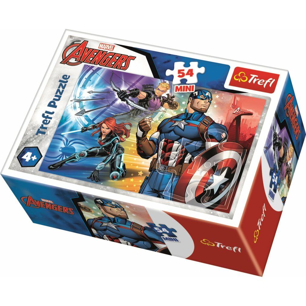 Scatola puzzle Avengers. 54 pezzi, Mini. Captain America, Vedova Nera e Occhio di Falco. Marchio Trefl. Età consigliata 4+.