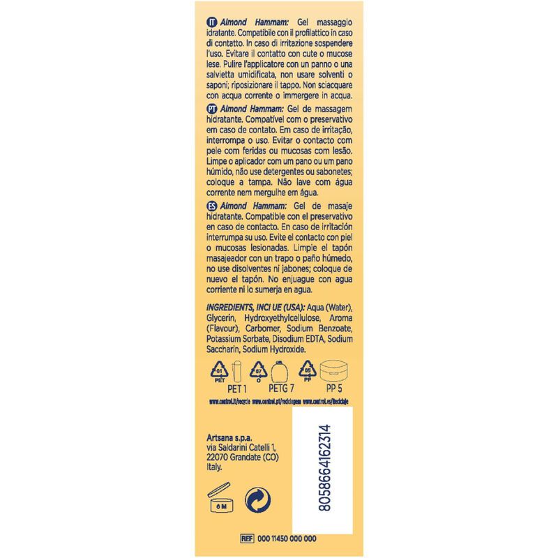 Flacone gel massaggio Control Almond Hammam, fronte con mandorle e fiori.
